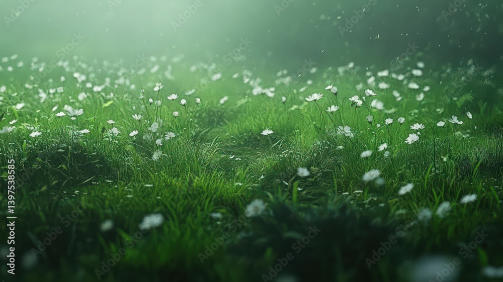 White Flowers in a Green Meadow Under Soft Light