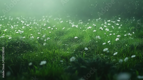 Obraz na płótnie White Flowers in a Green Meadow Under Soft Light w salonie