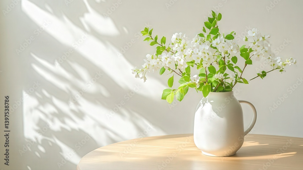 White Flowers in a White Vase on Wooden Table in Sunlight