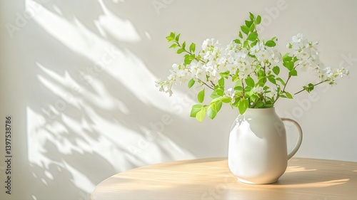 Obraz na płótnie White Flowers in a White Vase on Wooden Table in Sunlight w salonie