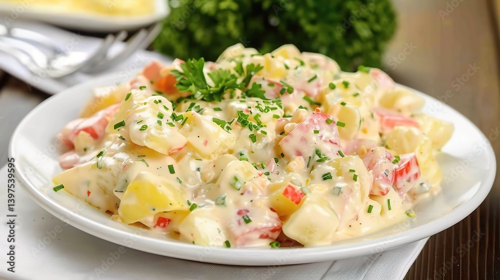 An appealing plate of Kartoffelsalat is attractively showcased. The Kartoffelsalat, a classic German potato salad, features an array of well - cooked, sliced potatoes An appealing plate of Kartoffelsalat is attractively showcased. The Kartoffelsalat, a classic German potato salad, features an array of well - cooked, sliced potatoes