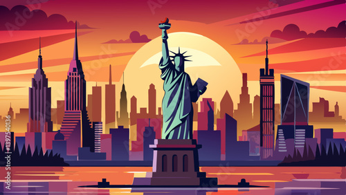 Statue Liberty and New York city skyline at sunset