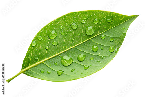 Fresh green leaf with water droplets isolated on transparent background