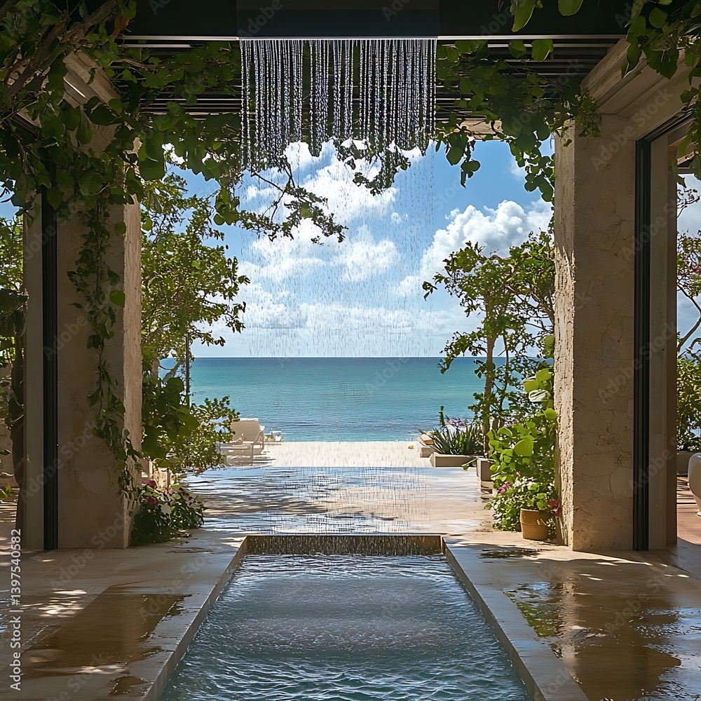 Stylish open air shower fountain with ocean view and tropical plants high resolution picture
