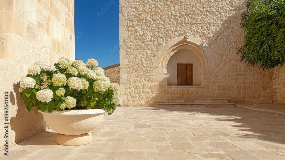 White Hydrangeas in a Sunlit Stone Courtyard