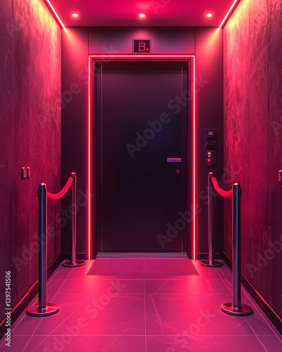 Pink neon hallway, elevator door, velvet ropes, exclusive access