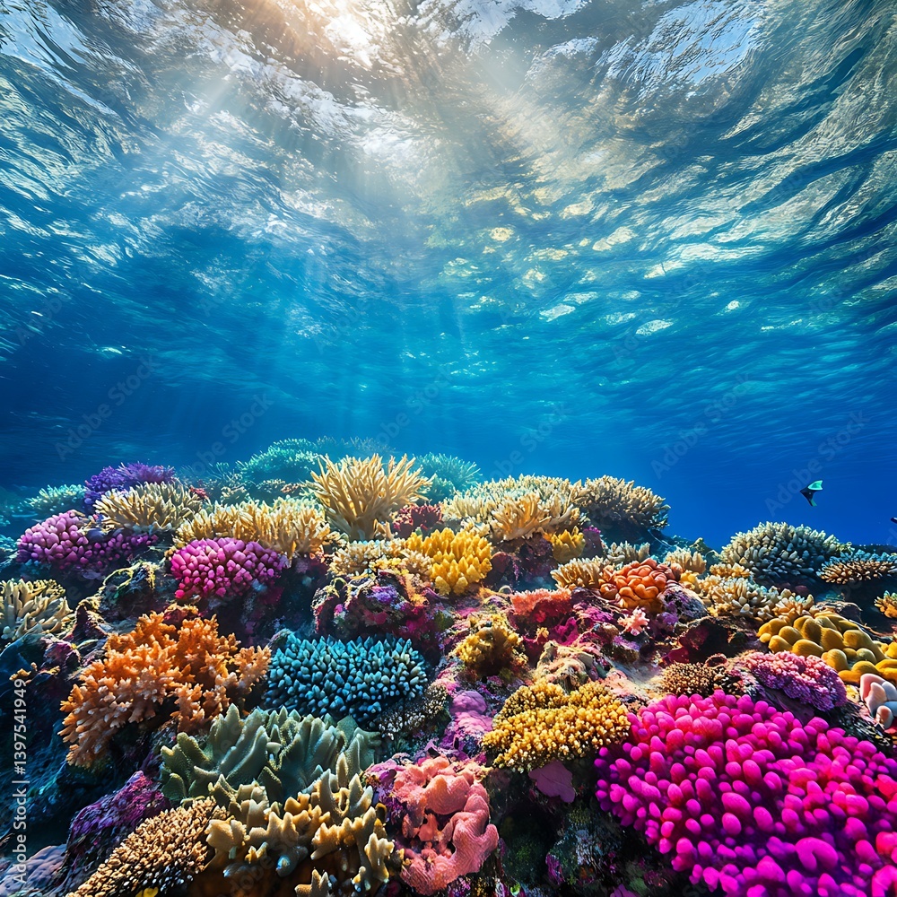 Underwater view of vibrant coral reef and marine ecosystem high resolution picture
