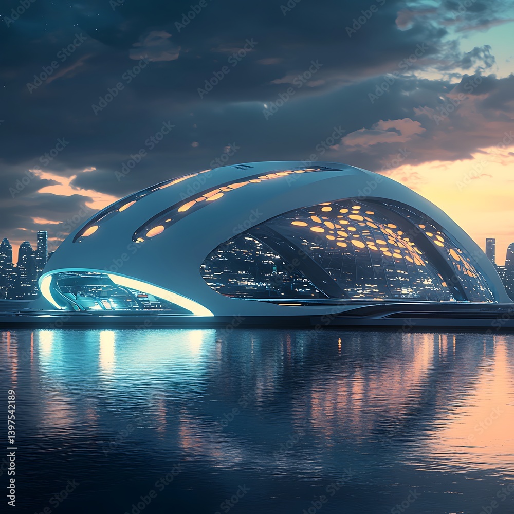 Unique glowing dome stadium reflecting the city skyline at dusk high resolution picture