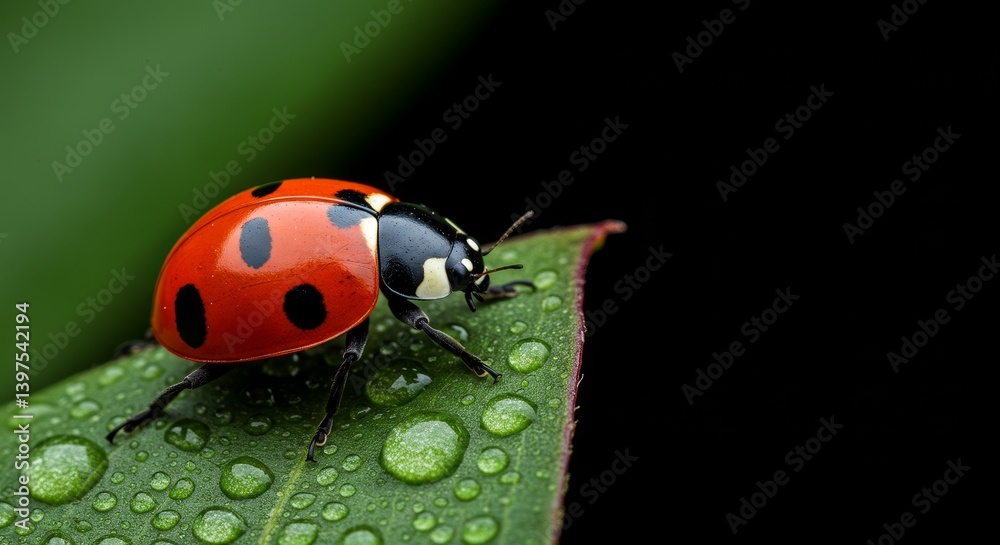 Fototapeta premium Ladybug on Dew-Kissed Leaf - A vibrant ladybug rests on a lush green leaf, adorned with glistening dewdrops. Symbolizing nature, luck, transformation, new beginnings, and delicate beauty