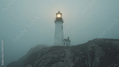 White Lighthouse on Rocky Cliff in Dense Fog Landscape Beacon Structure with Soft Light and Muted Gray Blue Sky