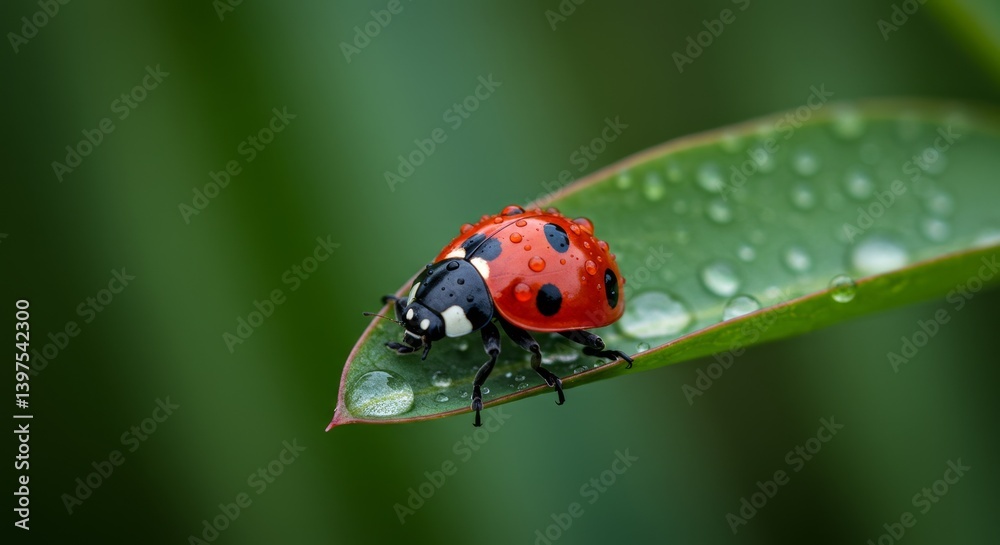 Ladybug on Dew-Covered Leaf - A vibrant ladybug rests on a lush green leaf glistening with morning dew. Perfect for nature, insect, or spring themes Ladybug on Dew-Covered Leaf - A vibrant ladybug rests on a lush green leaf glistening with morning dew. Perfect for nature, insect, or spring themes
