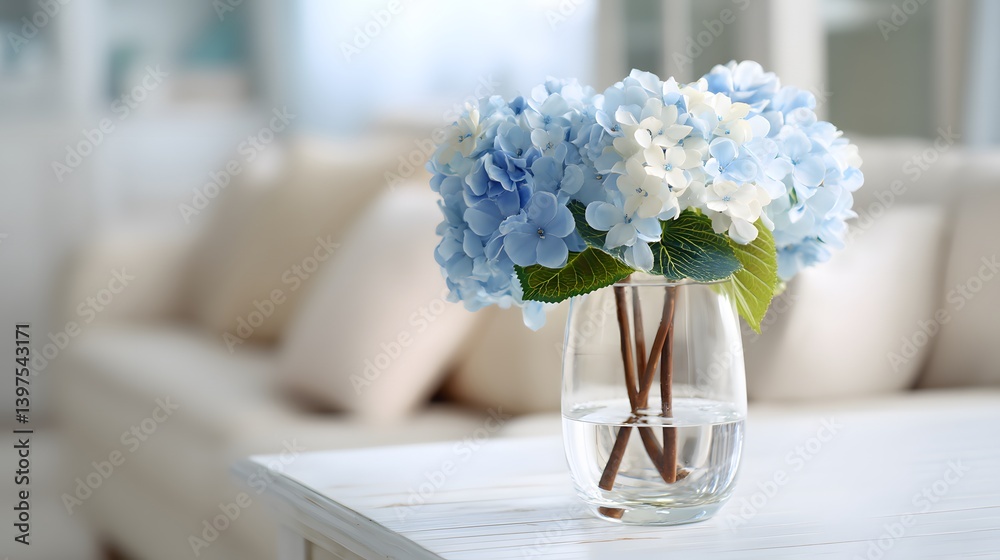 Close-up of blue and white hydrangeas in a glass vase on a white coffee table, soft sofa in the background, bright natural light, shallow focus, serene aesthetic. Close-up of blue and white hydrangeas in a glass vase on a white coffee table, soft sofa in the background, bright natural light, shallow focus, serene aesthetic.