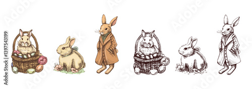 Hand drawn vintage colored and black sketch of  easter bunnys  set.  A rabbit in a coat, with a bow, in a basket.