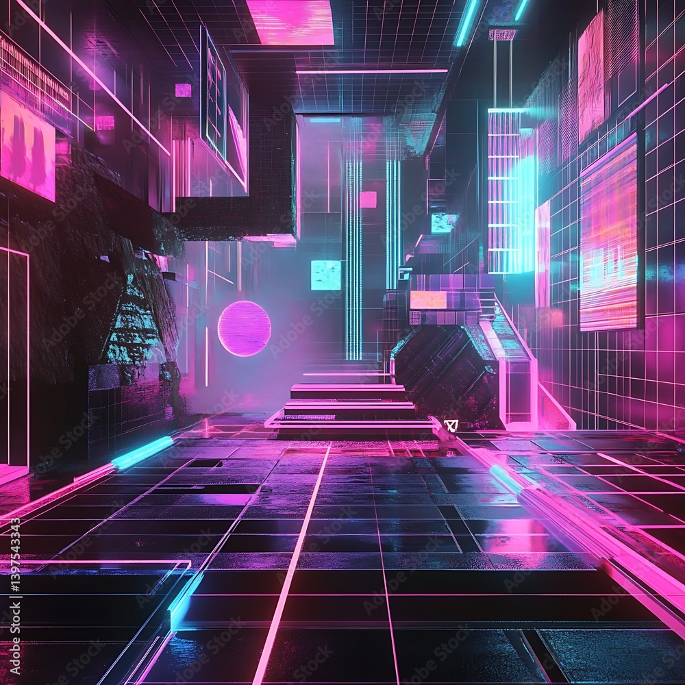 Vibrant neon grid lines stretching into a digital futuristic world high resolution picture