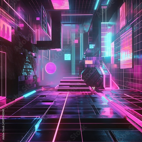 Obraz na płótnie Vibrant neon grid lines stretching into a digital futuristic world high resolution picture w salonie