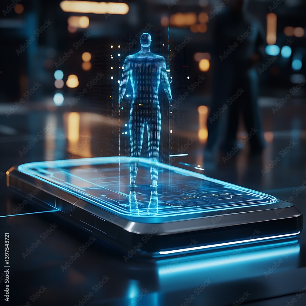 Virtual assistant in holographic form on tablet display high resolution picture