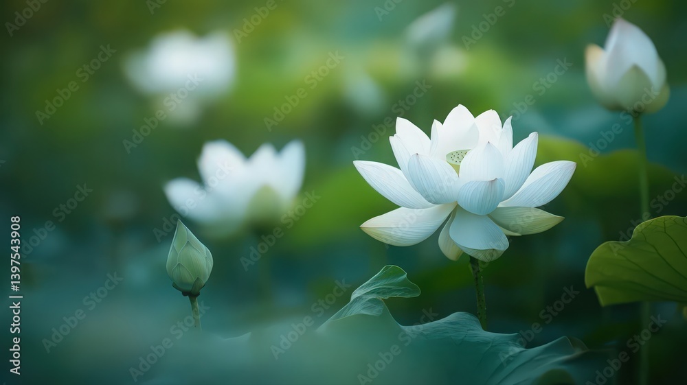 White Lotus Flowers in a Green Garden