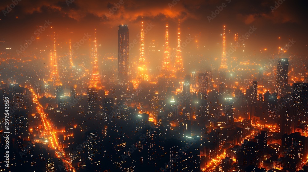 Aerial View of Glowing Cityscape at Night with Towering Structures Aerial View of Glowing Cityscape at Night with Towering Structures