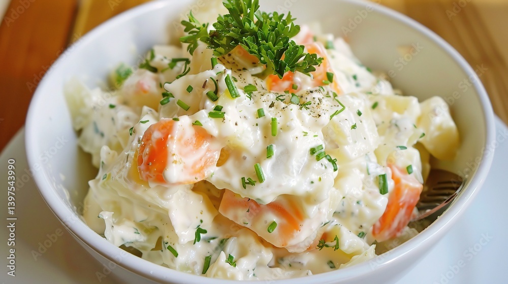 An appealing plate of Kartoffelsalat is attractively showcased. The Kartoffelsalat, a classic German potato salad, features an array of well - cooked, sliced potatoes An appealing plate of Kartoffelsalat is attractively showcased. The Kartoffelsalat, a classic German potato salad, features an array of well - cooked, sliced potatoes