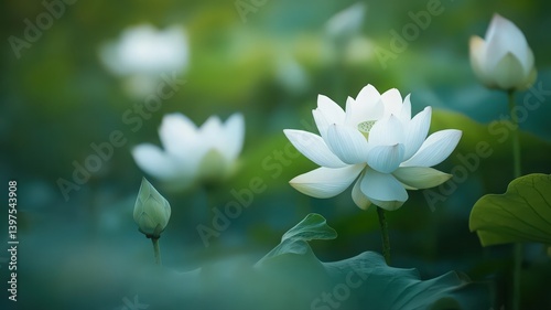 Obraz na płótnie White Lotus Flowers in a Green Garden w salonie