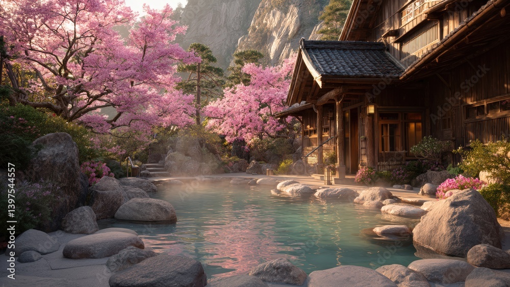 Fototapeta premium Sakura Season at a Japanese Onsen