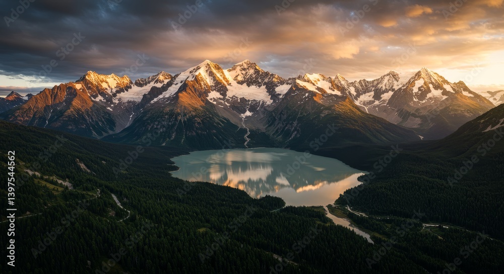 Obraz premium Majestic Mountain Lake Panorama at Sunrise - Serene mountain lake reflecting sunrise, snow-capped peaks, tranquil nature, peaceful landscape, breathtaking view