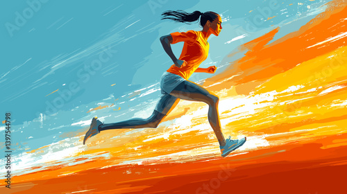 Dynamic vector illustration of a woman running with energy and determination, set against a vibrant abstract background in orange and blue tones. Symbol of power, speed, and athletic performance