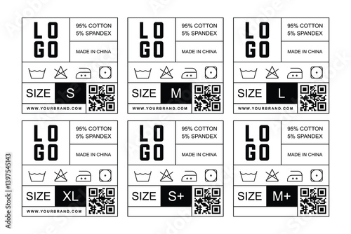 Modern Clothing Tag Template with QR Code, Fabric Info, Care Icons and Size Variants. Printable Fashion Label Design