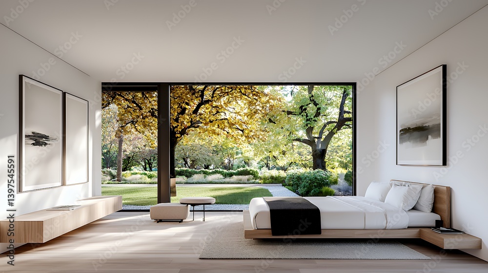 Fototapeta premium Modern bedroom with garden view