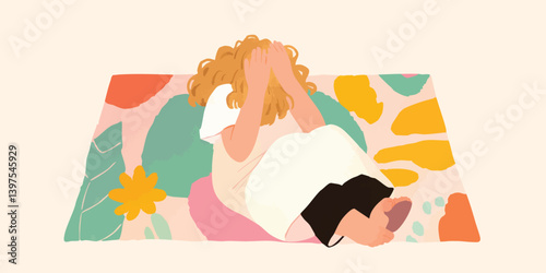 Captured in an artistic flat illustration, a person is depicted as engrossed in the practice of yoga. The illustration showcases a harmonious blend of abstract shapes and bright colors. 