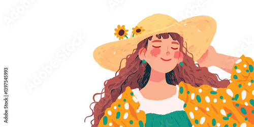 A young woman with a charming hat basks in the radiant sunshine, embracing the beauty of summer with carefree bliss. 