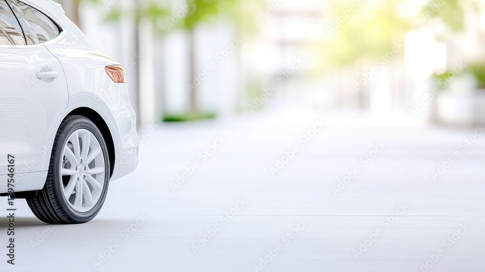 Fototapeta premium White car parked on a city street, soft focus, daylight