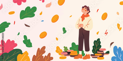 A young person, dressed in fall colors, stands amidst falling leaves, surrounded by stacks of coins, gazing upwards with a hopeful and joyful expression.