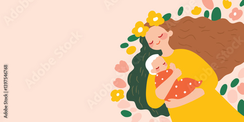A gentle illustration of a mother cradling her newborn baby amidst a blossoming floral backdrop, capturing the essence of love, tenderness, and new life.