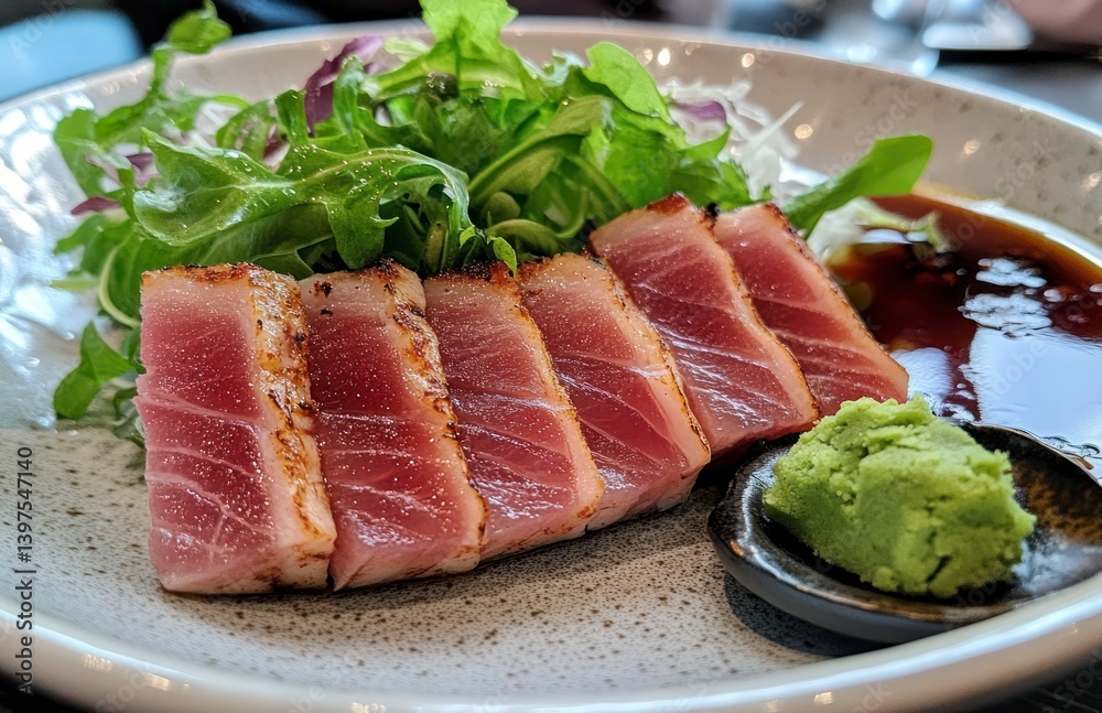 Seared Tuna Slices with Fresh Salad and Wasabi on Plate Seared Tuna Slices with Fresh Salad and Wasabi on Plate