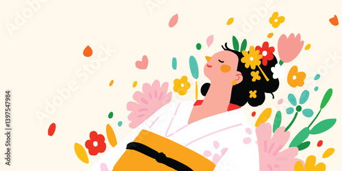 A serene illustration of a geisha enveloped in a vibrant floral display, embodying tranquility and cultural beauty, representing traditional Japanese heritage.