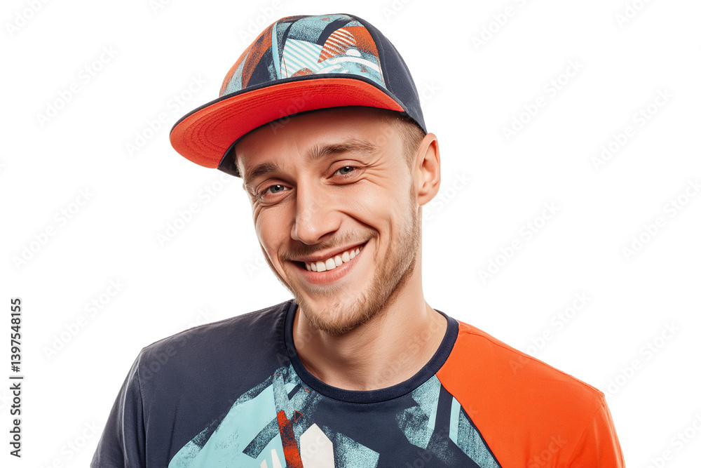 Fototapeta premium Smiling man wearing stylish hat isolated on transparent white background