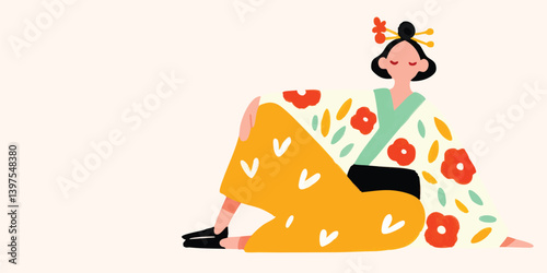 A stylized illustration of a geisha in traditional attire, embodying serenity and cultural heritage, captures the elegance and grace of traditional Japanese attire.