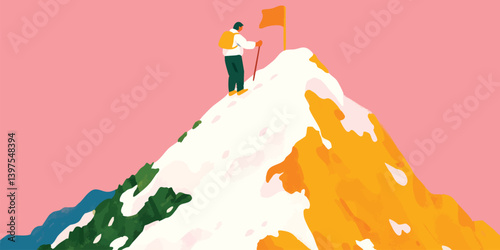 A determined individual stands atop a majestic, snow-capped mountain, achieving the ultimate goal with the vibrant flag planted on the summit. A true testament to perseverance and ambition.