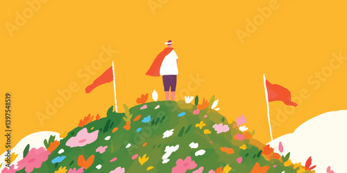 An individual stands atop a flowered peak, symbolized as a metaphor for aspiration, the quest for success, the overcoming of obstacles.