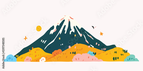 A whimsical illustration of a majestic mountain, its snow-capped peak reaching towards a bright sun in a landscape filled with vibrant colors.