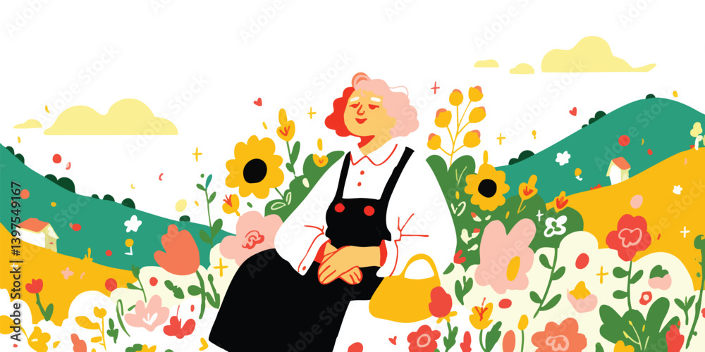 An illustration of woman sitting on floral field, serene scene in a colorful illustration. a picture is filled with life, nature and relaxation.