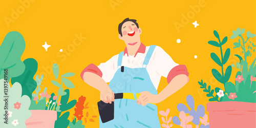 A cheerful gardener stands proudly in their thriving, vibrant garden, their face radiating pure joy and satisfaction in the work.