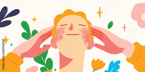 A moment of serene mindfulness, a person enjoying a gentle head massage in a vivid floral environment. The eyes are closed, representing a moment of escape and inner peace. 