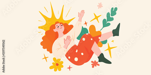 A lively illustration captures the moment of euphoria, with a woman immersed in a state of unbridled joy and freedom, surrounded by whimsical floral and star elements.