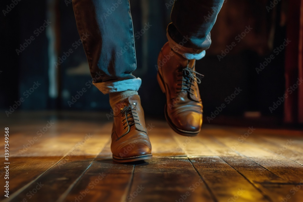 Close up of tap dancer's feet jumping during a rhythmic performance on a wooden stage, creating percussive sounds Close up of tap dancer's feet jumping during a rhythmic performance on a wooden stage, creating percussive sounds