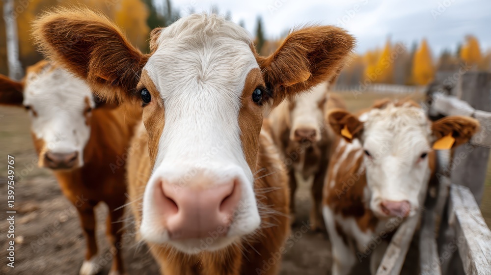 Curious cow gazes at the camera on a serene cattle farm landscape Curious cow gazes at the camera on a serene cattle farm landscape