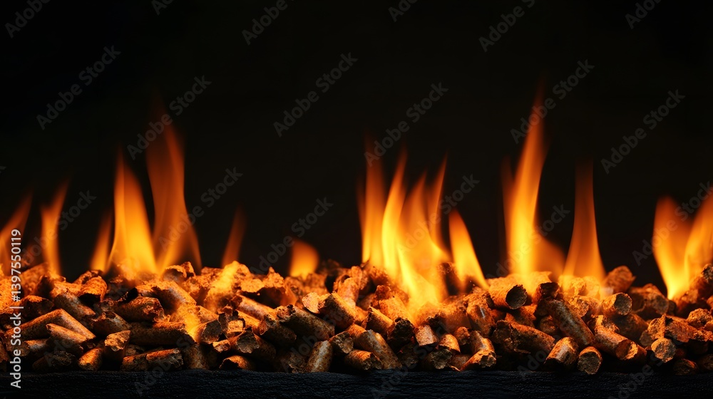 Orange flames flickering from burning wood pellets against a dark background, close-up view, dramatic lighting, intense warmth. Orange flames flickering from burning wood pellets against a dark background, close-up view, dramatic lighting, intense warmth.