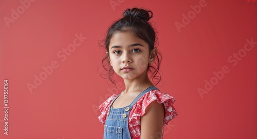 Obraz na płótnie latin Hispanic kid girl on red plain bright background modern chic fashion pose model portrait portrait banner with copy space ad concept marketing w salonie