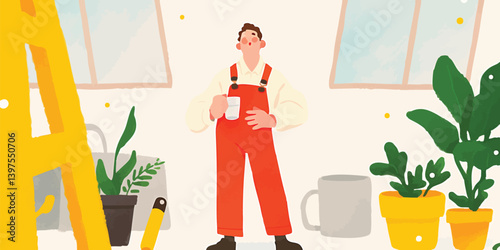 A relaxed individual taking a break indoors surrounded by plants and a ladder in this serene illustration.